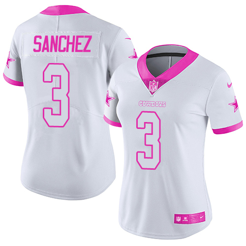 Women's Limited Mark Sanchez Nike Jersey White/Pink - #3 Rush Fashion NFL Dallas Cowboys
